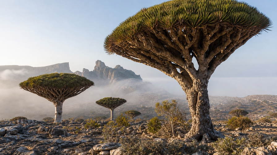 Jemen: parasolvormige kronen van drakenbloedbomen op Socotra in mist boven kalkplateaus van Haggeher, rijen modderwolkenkrabbers van Shibam in Hadhramaut in de glans van wadi-stortvloed en specerijresten van Rode-Zee-dhows bij Mocha in de hero - achtergrond voor rolletjes qishr-bonnetjes met kersenschil in Jemenitische rial (YER), waszegels op kruiken met klifhonig van Salta en telstapels voor koperbeslag van de Aden-cisterne.