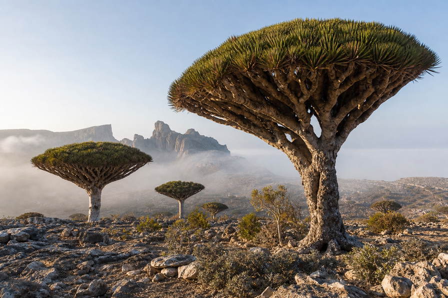 Jemen: parasolvormige kronen van drakenbloedbomen op Socotra in mist boven kalkplateaus van Haggeher, rijen modderwolkenkrabbers van Shibam in Hadhramaut in de glans van wadi-stortvloed en specerijresten van Rode-Zee-dhows bij Mocha in de hero - achtergrond voor rolletjes qishr-bonnetjes met kersenschil in Jemenitische rial (YER), waszegels op kruiken met klifhonig van Salta en telstapels voor koperbeslag van de Aden-cisterne.